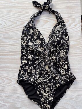 Robin Piccone Halter Plunge One-Piece Swimsuit Black Cream Floral Size 6